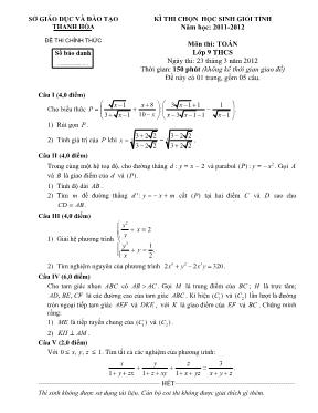Đề thi chọn học sinh giỏi tỉnh năm học 2011 - 2012 môn thi Toán lớp 9 THCS